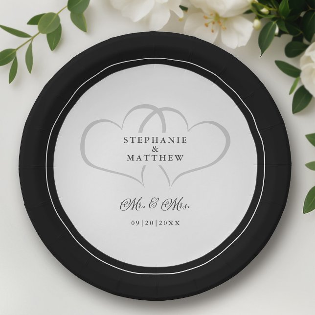 Elegant Wedding Mr & Mrs Black & White Chic Hearts Paper Plate (Elegant Wedding Mr & Mrs Black & White Chic Hearts Paper Plates)