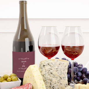 Elegant Wedding Names Date Calligraphy Burgundy Wine Label