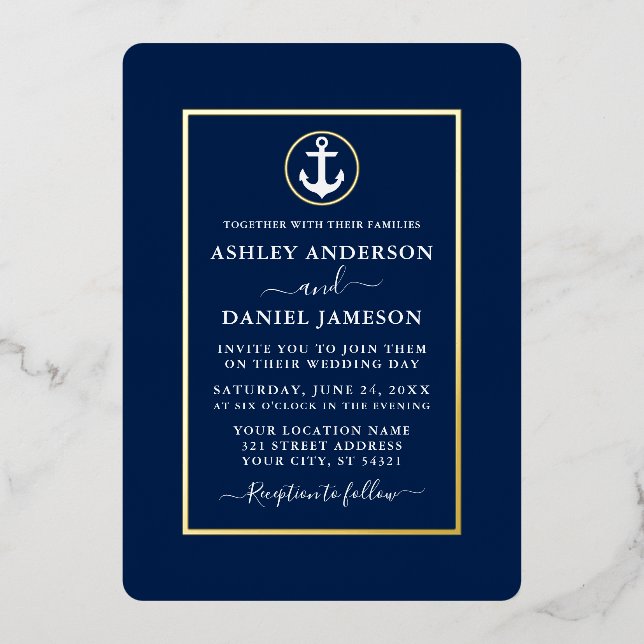 Elegant Wedding Nautical Anchor Navy Blue Gold (Front)