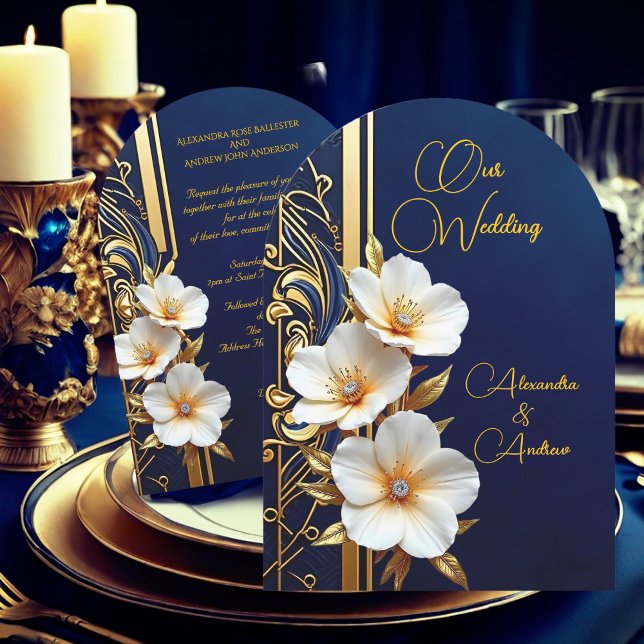 Elegant Wedding Navy Blue Gold Diamond Floral Invitation (Creator Uploaded)