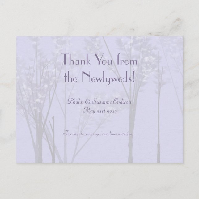 Elegant Wedding Newlyweds Lavender Tree Art Announcement Postcard (Front)