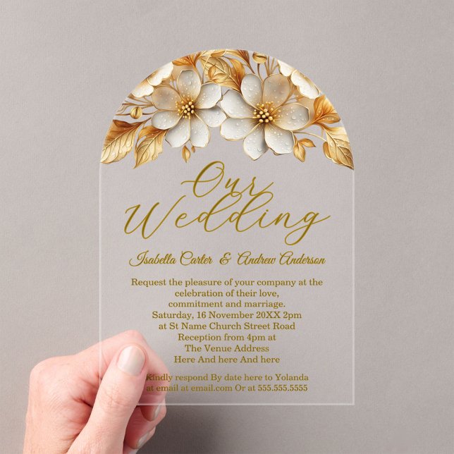 Elegant Wedding Ornate Floral Cream Gold Flowers Acrylic Invitations (Creator Uploaded)