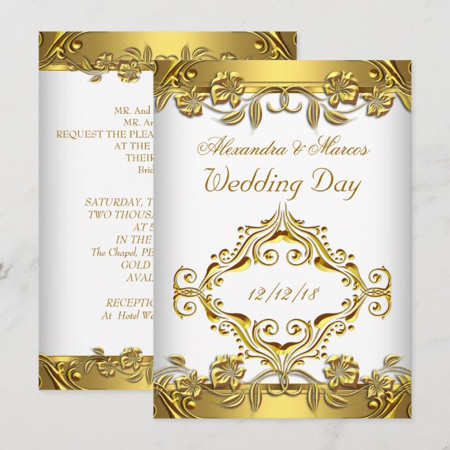Elegant Wedding Ornate Floral White Gold 2 Invitation (Front/Back)