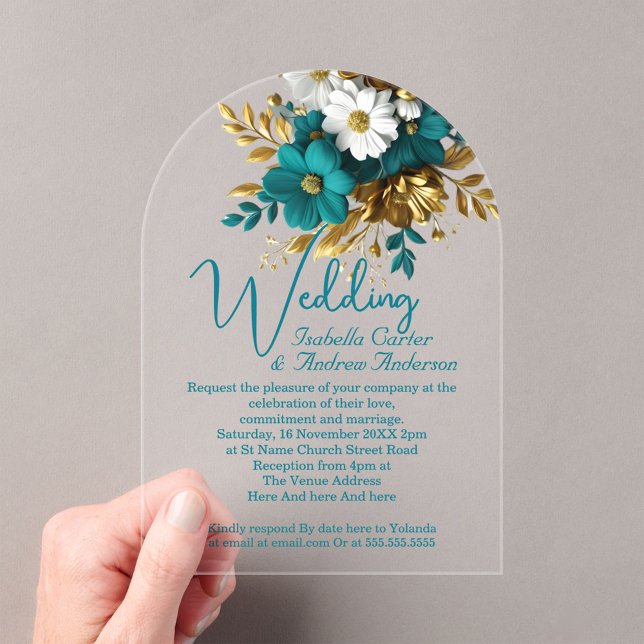 Elegant Wedding Ornate Teal White Gold Flowers Acrylic Invitations (Creator Uploaded)