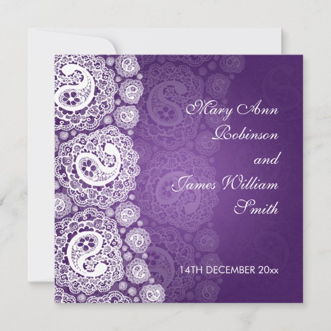 Elegant Wedding Paisley Lace Purple Invitation (Front)