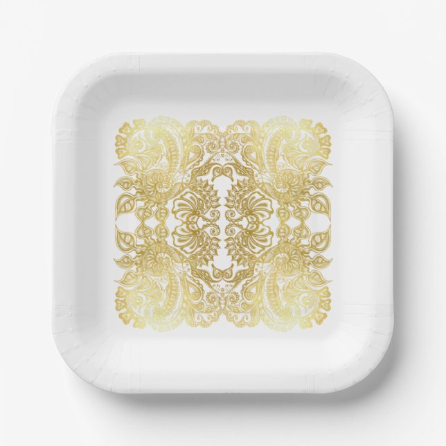 Elegant Wedding Paper Plate with gold floral deco (Front)