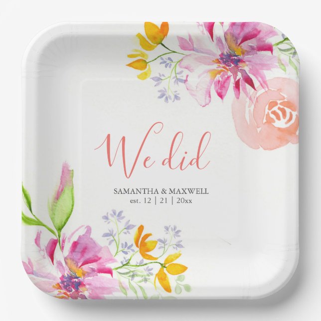 Elegant Wedding Paper Plates Watercolor Flowers (Front)