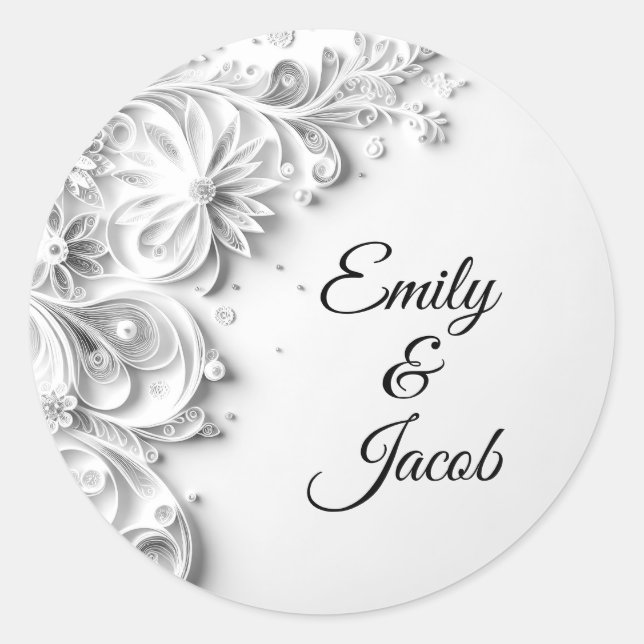 Elegant Wedding Paper Quilling Design Classic Round Sticker (Front)