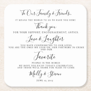 Elegant wedding party/wedding Thank you Square Paper Coaster