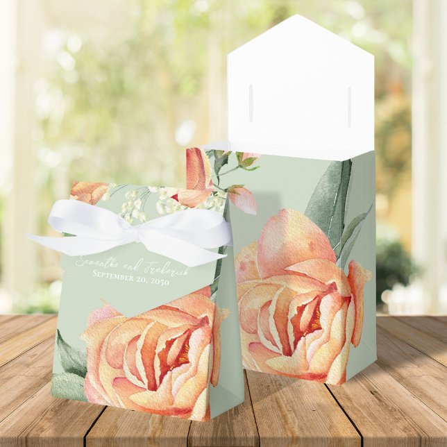 Elegant Wedding Peach Floral Green Favour Box (Peach and green wedding favor treat box, )