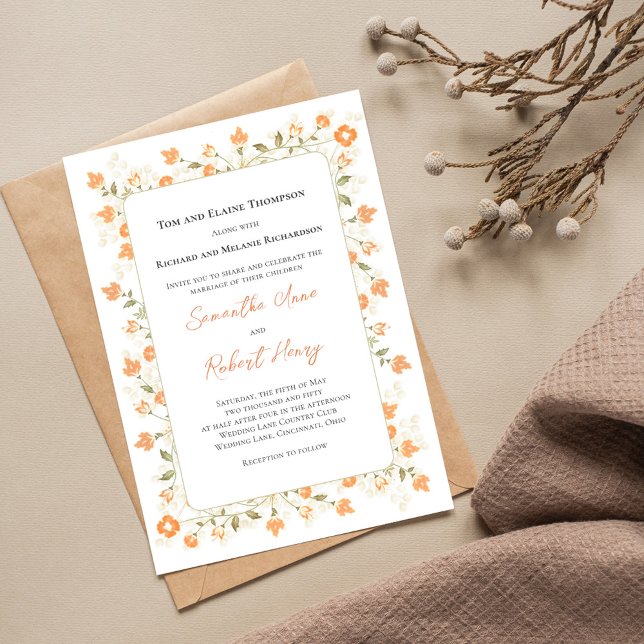 Elegant Wedding Peach Floral Greenery Invitation (Elegant peach floral wedding invitation with a monogram on the backside. )