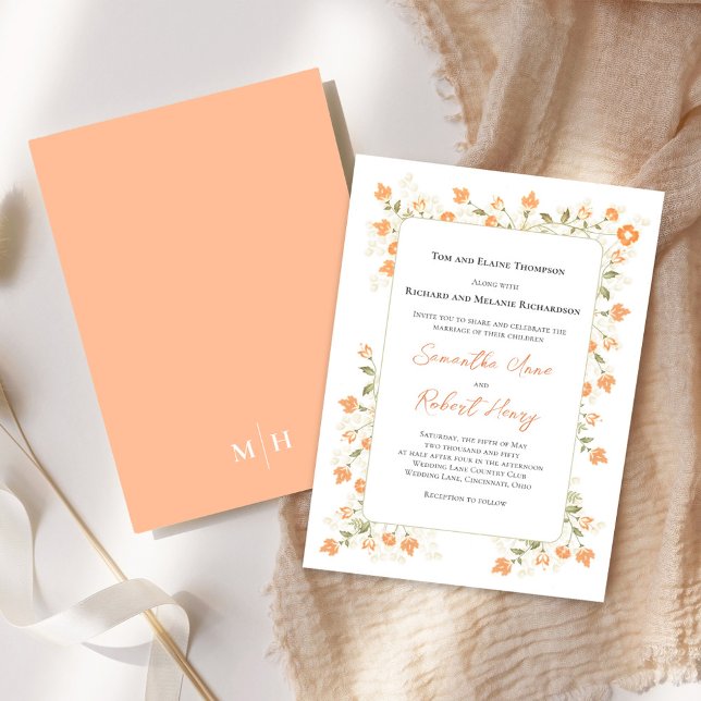 Elegant Wedding Peach Floral Greenery Invitation (Elegant peach floral wedding invitation with monogram on the backside. )