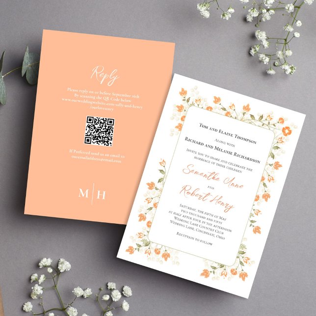 Elegant Wedding Peach Floral Greenery RSVP Invitation (Elegant peach floral wedding invitation with RSVP and QR code on the backside. )