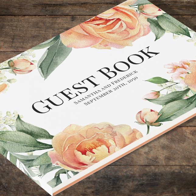 Elegant Wedding Peach Floral  Guest Book (Peach floral Wedding guest book.)