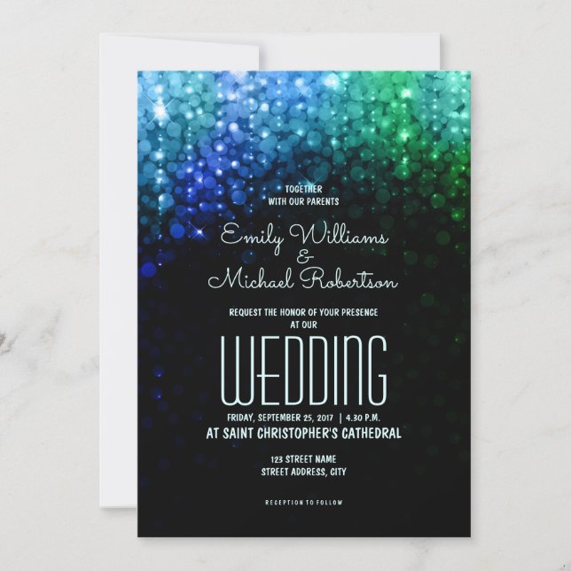 Elegant wedding peacock colour lights bokeh invitation (Front)