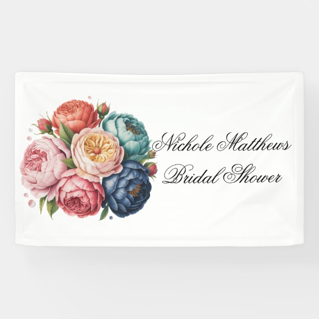 Elegant Wedding Peony Wedding Wreath Bridal Shower Banner (Horizontal)