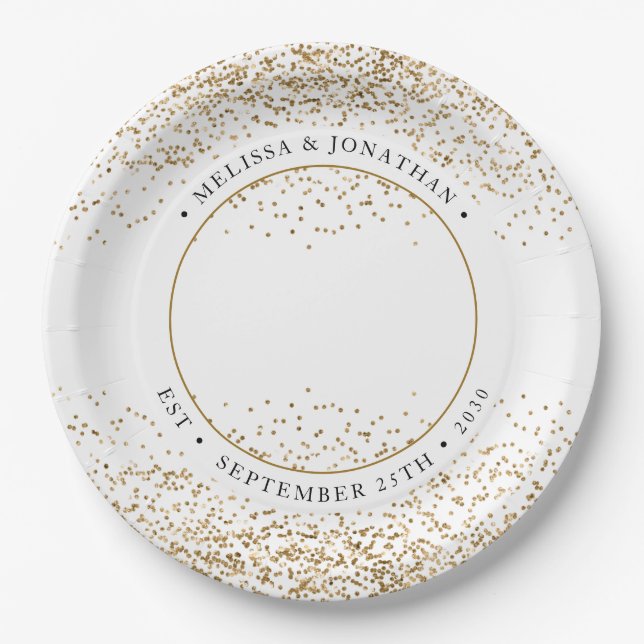 Elegant Wedding Personalised Gold Glitter Photo Paper Plate (Front)