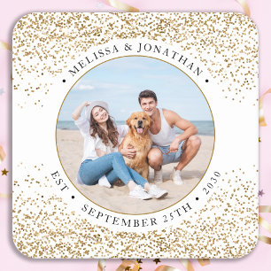 Elegant Wedding Personalised Gold Glitter Photo Square Paper Coaster