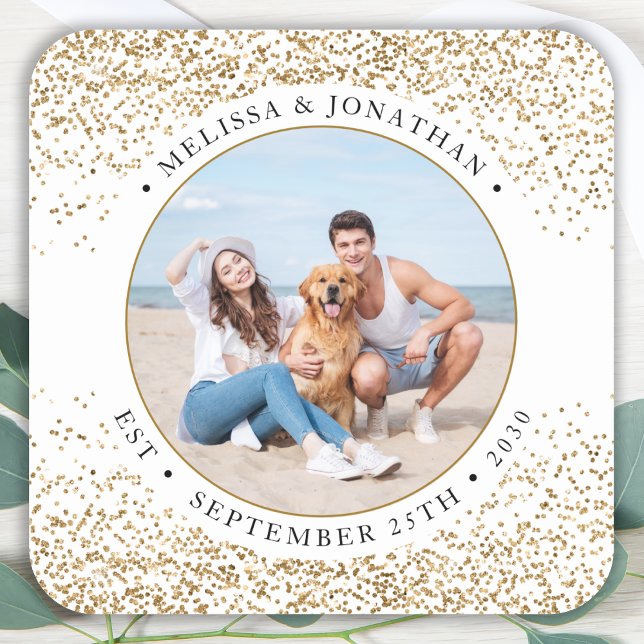 Elegant Wedding Personalised Gold Glitter Photo Square Sticker (Creator Uploaded)