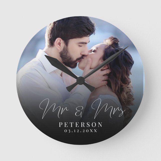Elegant Wedding Photo Chic NewlyWed Round Clock (Front)