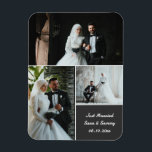 Elegant Wedding Photo Collage With Custom Names Magnet<br><div class="desc">Celebrate your special day with this elegant and fully customisable wedding photo magnet. Featuring a beautiful 3-photo collage layout and editable text for names, wedding date, and message, this keepsake magnet makes the perfect wedding favour, thank you gift, or memento for guests and family. Personalise it in seconds: - add...</div>