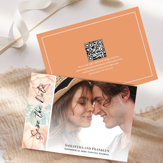 Elegant Wedding Photo Floral Watercolor Save The Date (Peach floral wedding save the date photo card.)