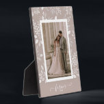 Elegant Wedding Photo Frameless Picture  Easel Plaque<br><div class="desc">Tabletop plaque with a built-in easel features your favourite photo surrounded with a beautiful border of white foliage, dots and berries on a pale pink taupe background. CHANGE the background colour to MATCH your photo. CHANGE the FOREVER text to anything - TIP: put your text between the two squares to...</div>