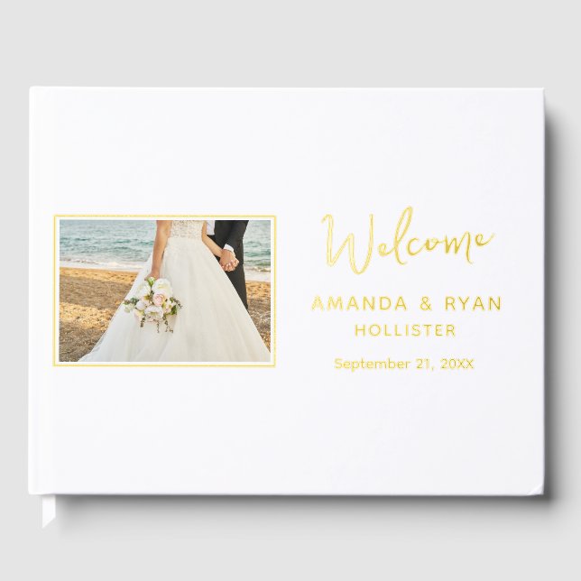 Elegant Wedding Photo Gold Foil Welcome Guest Book (Front)