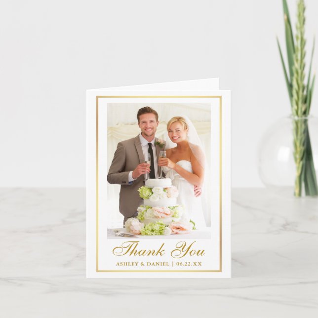Elegant Wedding Photo Gold Frame Note Thank You Card (Front)