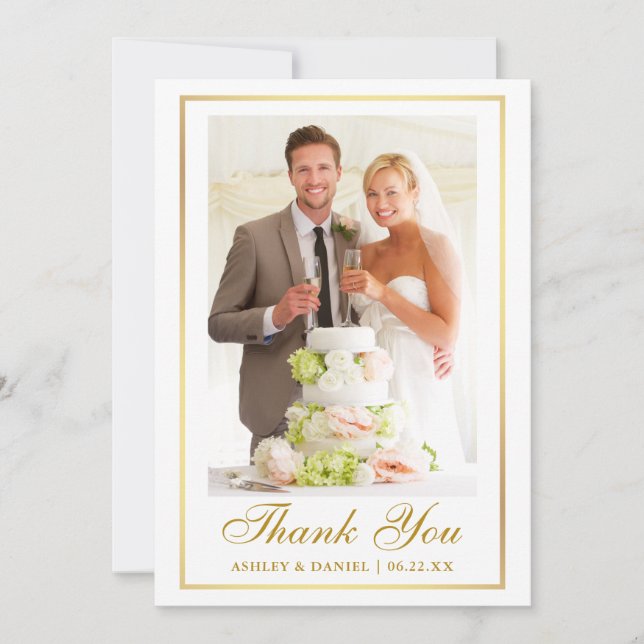 Elegant Wedding Photo Gold Frame Thank You Card (Front)
