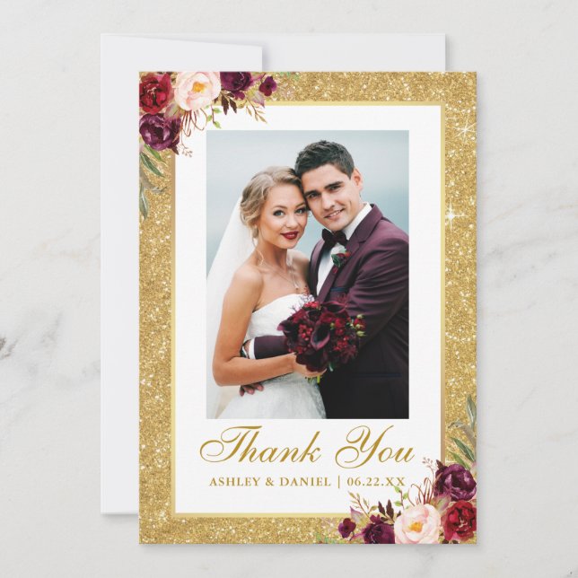 Elegant Wedding Photo Gold Glitter Burgundy Floral Thank You Card (Front)