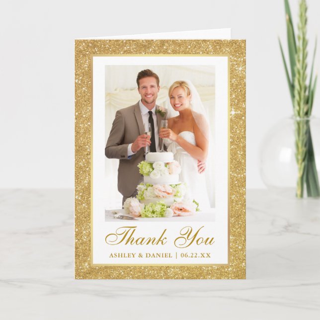 Elegant Wedding Photo Gold Glitter Frame Fold Thank You Card (Front)