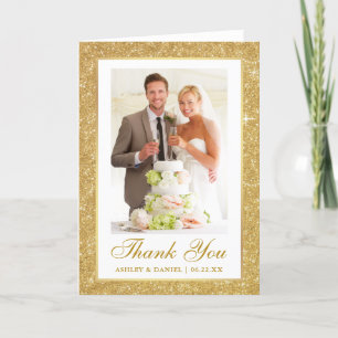 Elegant Wedding Photo Gold Glitter Frame Fold Thank You Card