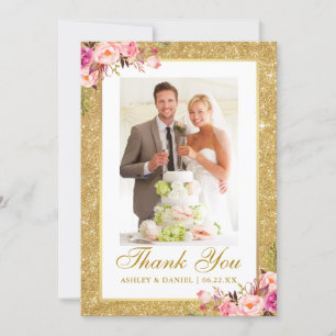 Elegant Wedding Photo Gold Glitter Pink Floral Thank You Card