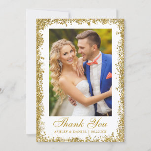 Elegant Wedding Photo Gold Glitter Thank You Card