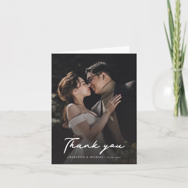 Elegant Wedding Photo Hand-Lettered Script Thank You Card (Front)