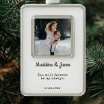 Elegant Wedding Photo Newlyweds Modern Silver Plated Framed Ornament<br><div class="desc">Newlyweds elegant modern wedding photo Christmas Ornament. This Modern Ornament makes a sweet first Christmas Keepsake or Anniversary Gift.</div>