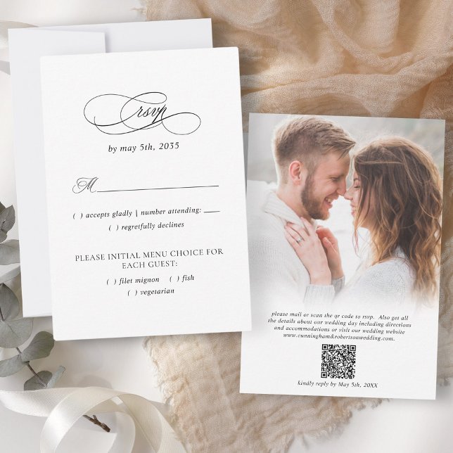 Elegant Wedding Photo QR Code Meal Modern Black RSVP Card (Elegant Wedding Photo QR Code Meal Modern Black RSVP Card)