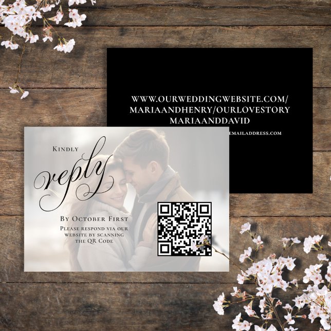 Elegant Wedding Photo RSVP QR Code  Card (Black and white photo reply card with elegant calligraphy script. )