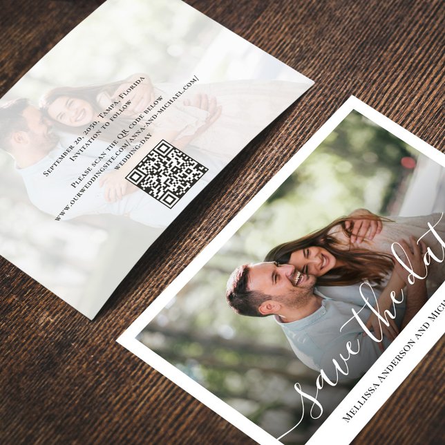 Elegant Wedding Photo Save the Date (Wedding save-the-date photo card with a scannable QR code. )