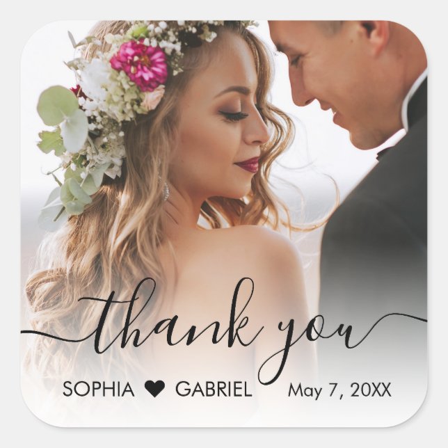 Elegant Wedding Photo Script Heart Thank You Square Sticker (Front)