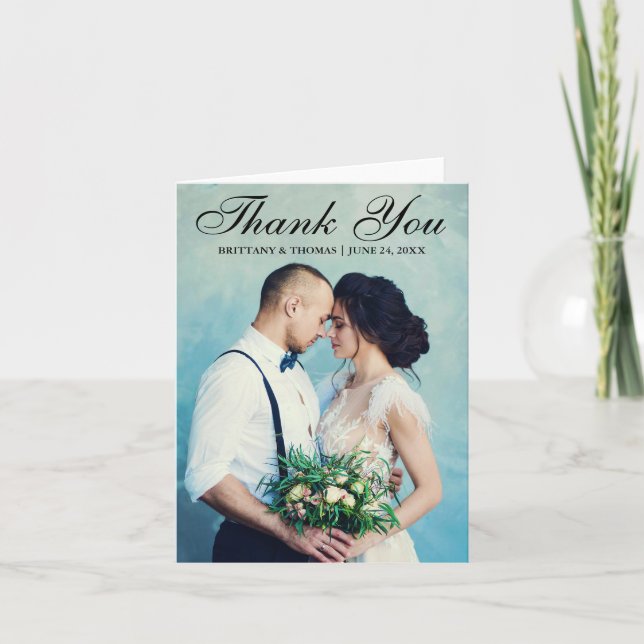 Elegant Wedding Photo Script Thank You Note Card (Front)