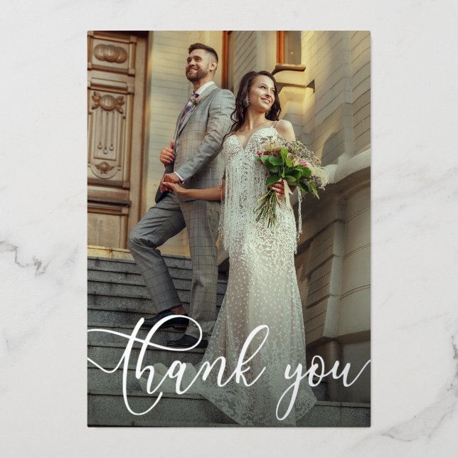 Elegant Wedding Photo Silver Foil Thank You Card (Front)