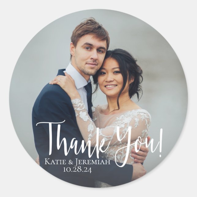 Elegant Wedding Photo Thank You Classic Round Sticker (Front)