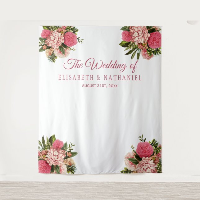 Elegant wedding pink dahlias photo booth backdrop tapestry (Front)