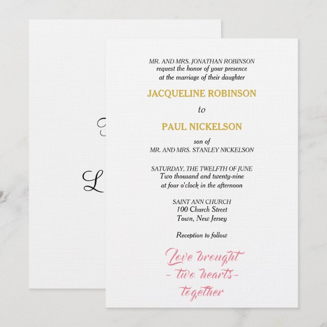 Elegant Wedding Pink Gold Two Hearts Invitation (Front/Back)