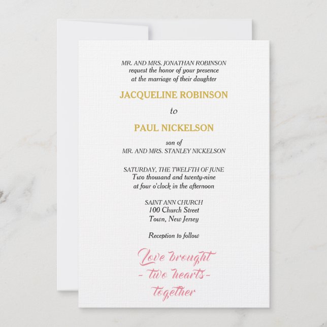Elegant Wedding Pink Gold Two Hearts Invitation (Front)