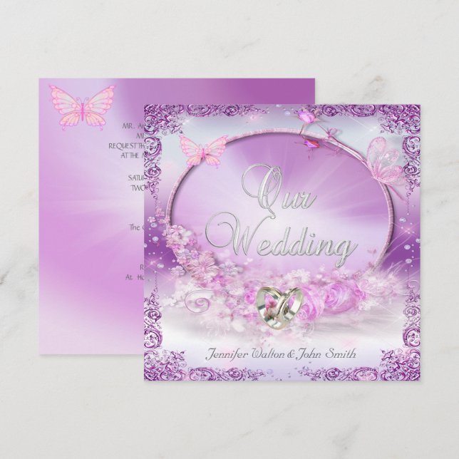 Elegant Wedding Pink Lilac Rings Butterfly Invitation (Front/Back)