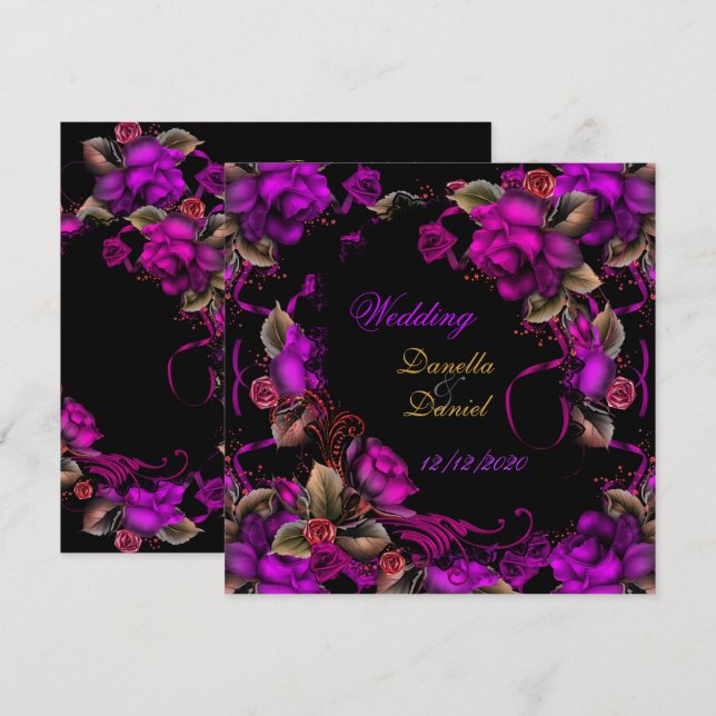 Elegant Wedding Pink Plum Rose Black Invitation (Front/Back)