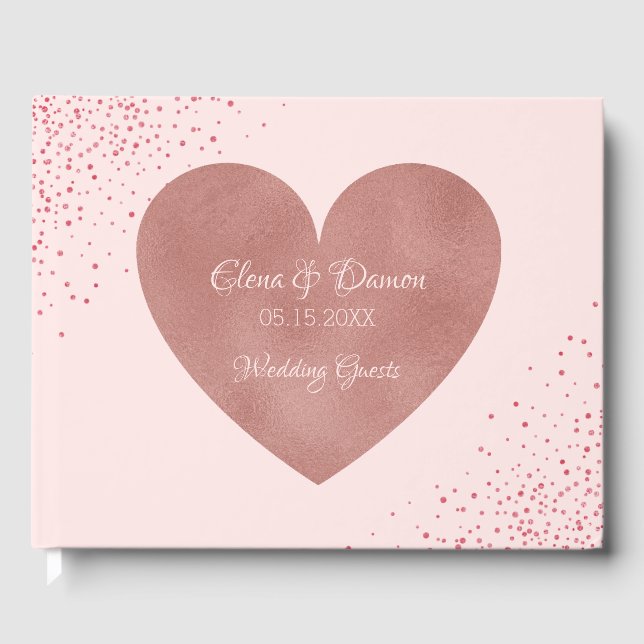 Elegant Wedding | Pink Rose Gold Heart Confetti Guest Book (Front)